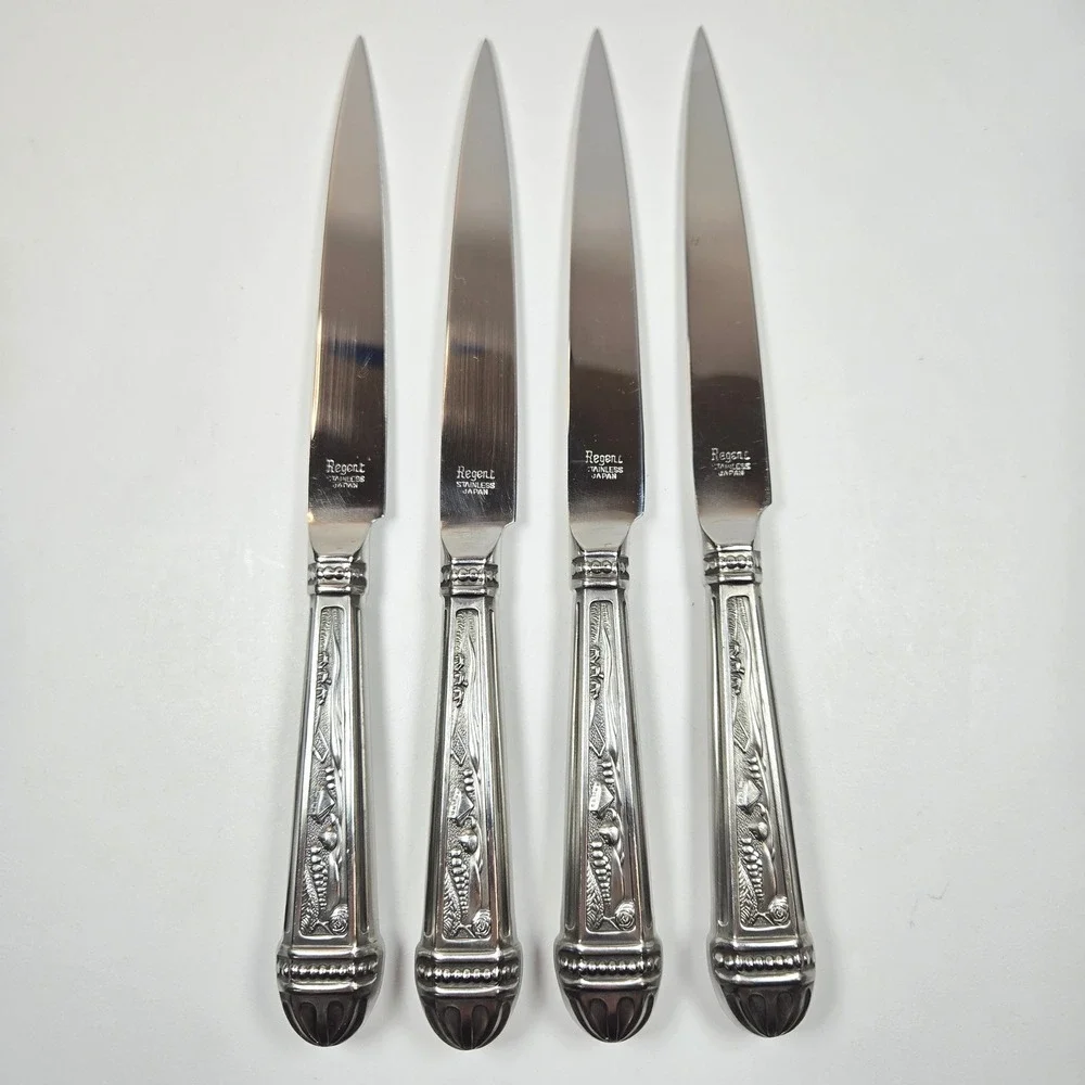 4 Vintage Regent Sheffield‎ Stainless Steak Knives Ornate Embossed Handle Japan